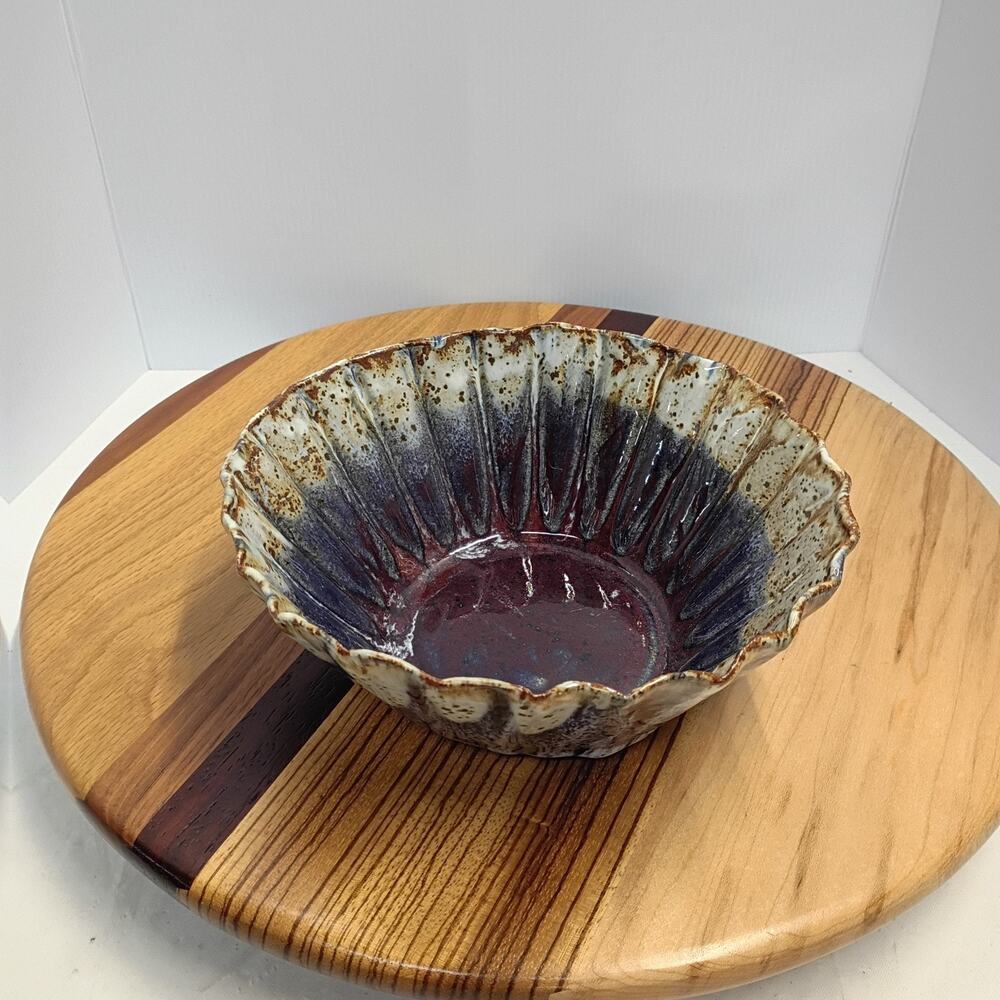 Handmade Studio Pottery Bowl Ruffle Blue Drip Glaze Unknown Artist Signed Marked